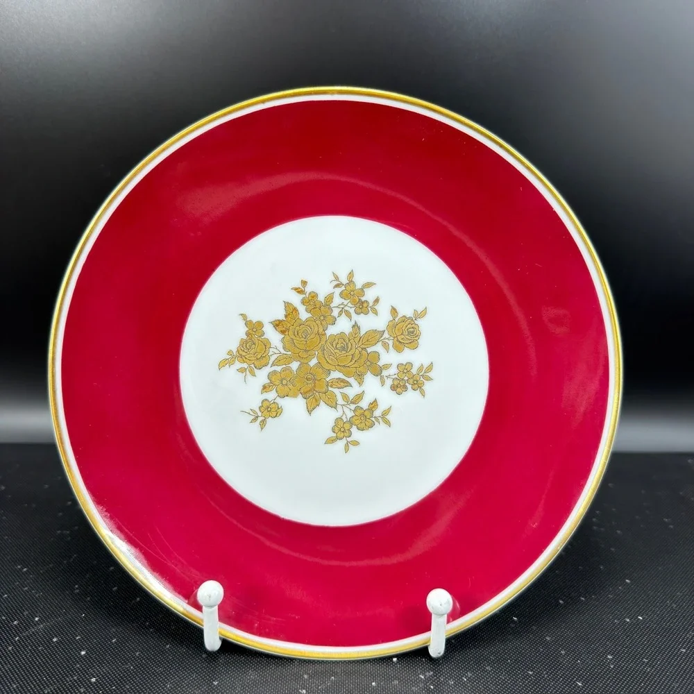 Lichte Fine China Riga Salad Plates Set 4 Red Gold Floral Germany 7 inch Vintage
